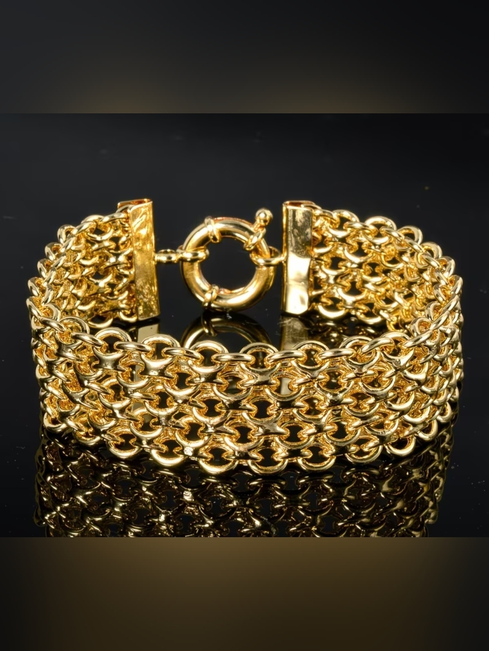 NWT GLAM WIDE! SOLID 14K YELLOW GOLD OVER STAINLESS STEEL BISMARK BRACELET 8"
